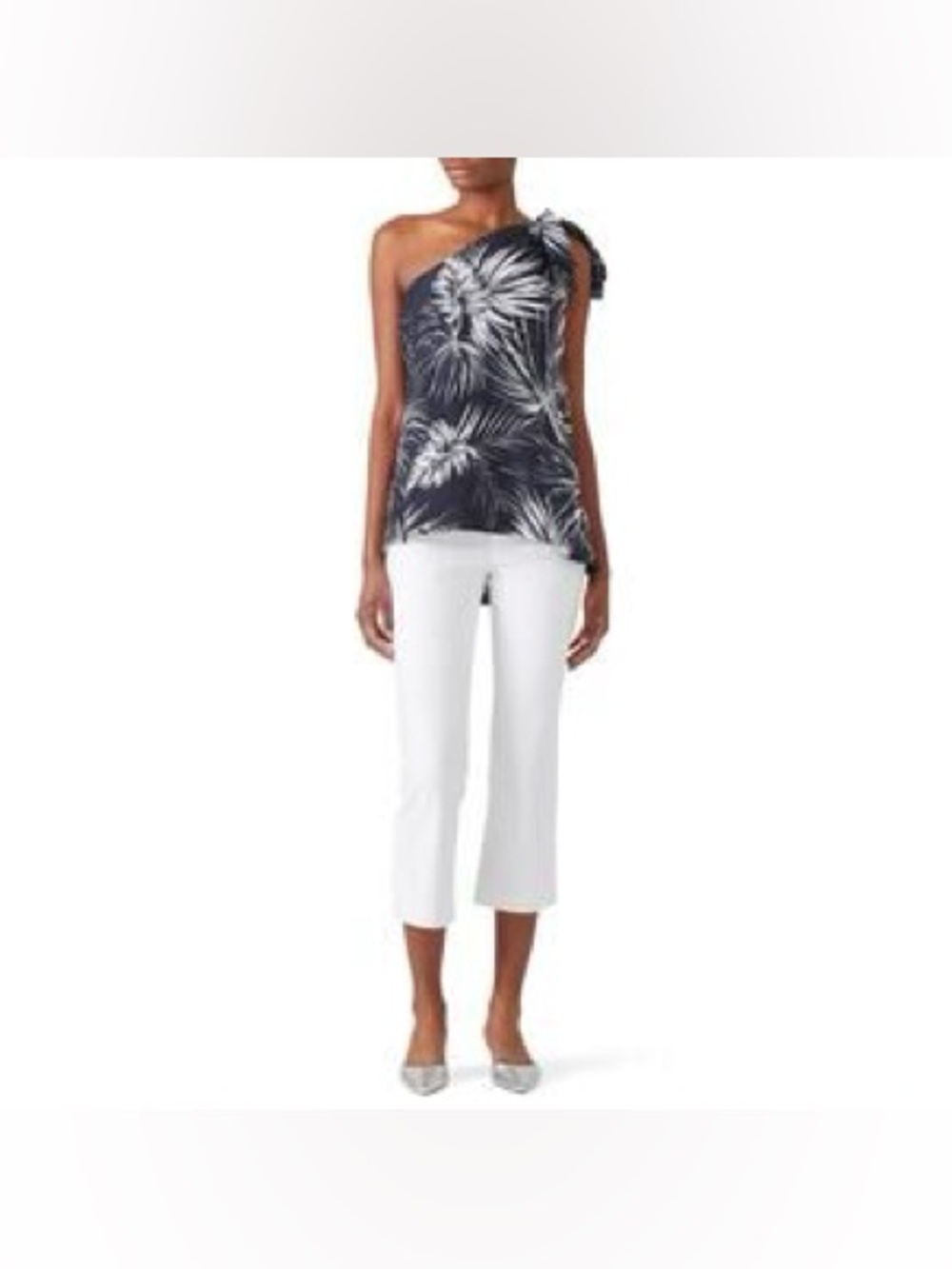 Shoshanna 100% Silk Blue & White Palm Print One Shoulder Blouse, size XS